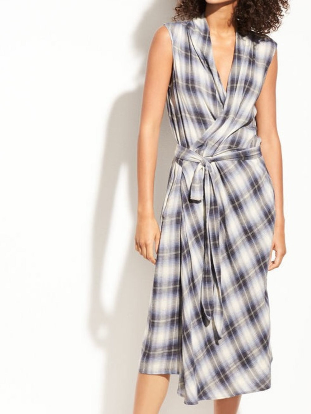 Vince. Size Large Shadow Plaid Dress Sleeveless Wrap Maxi Dress Blue Black